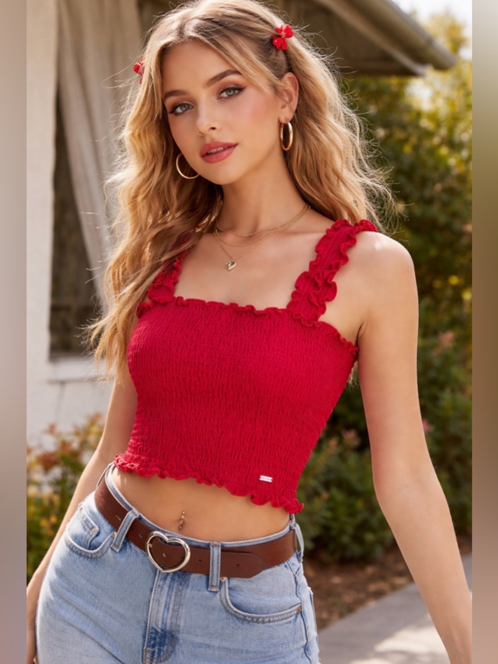 Hollister Red Smocked Crop Top Ruffle Strap Tank Y2K Stretch Medium